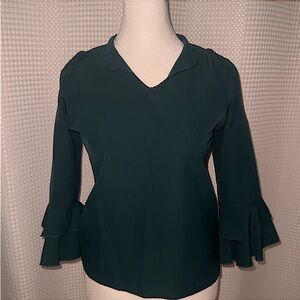 Open Shoulder Blue Green Blouse w/ Ruffled Sleeve Ends👚